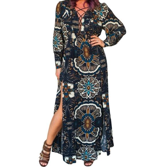 H&M Boho Goddess Maxi Dress Navy Print Lace Up Slit Thigh Size 8 Wedding Guest - Picture 4 of 12